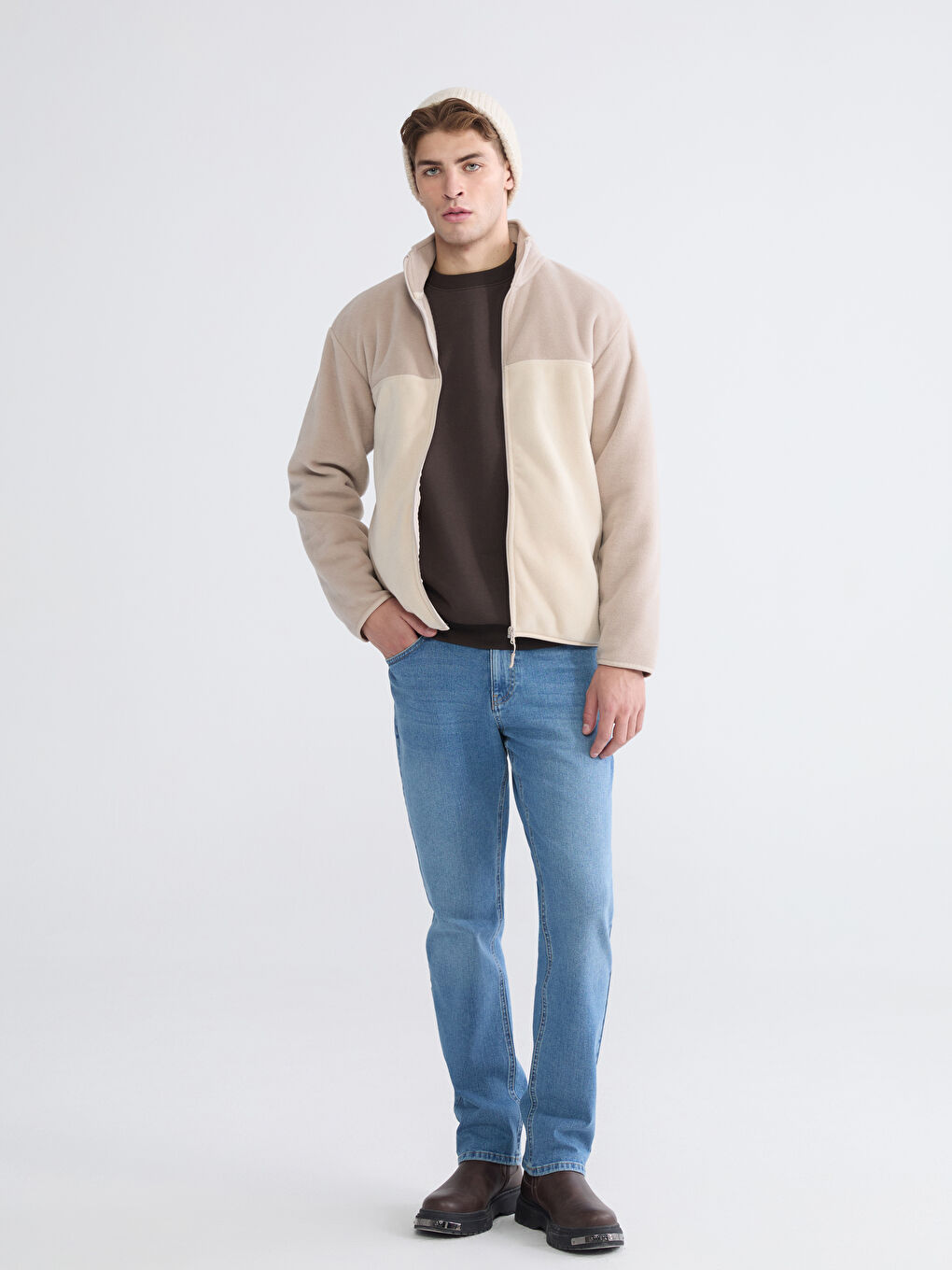 Bej Dik Yaka Polar Erkek Fermuarlı Sweatshirt-1