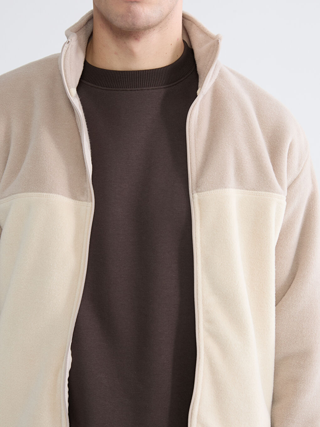 Bej Dik Yaka Polar Erkek Fermuarlı Sweatshirt-2