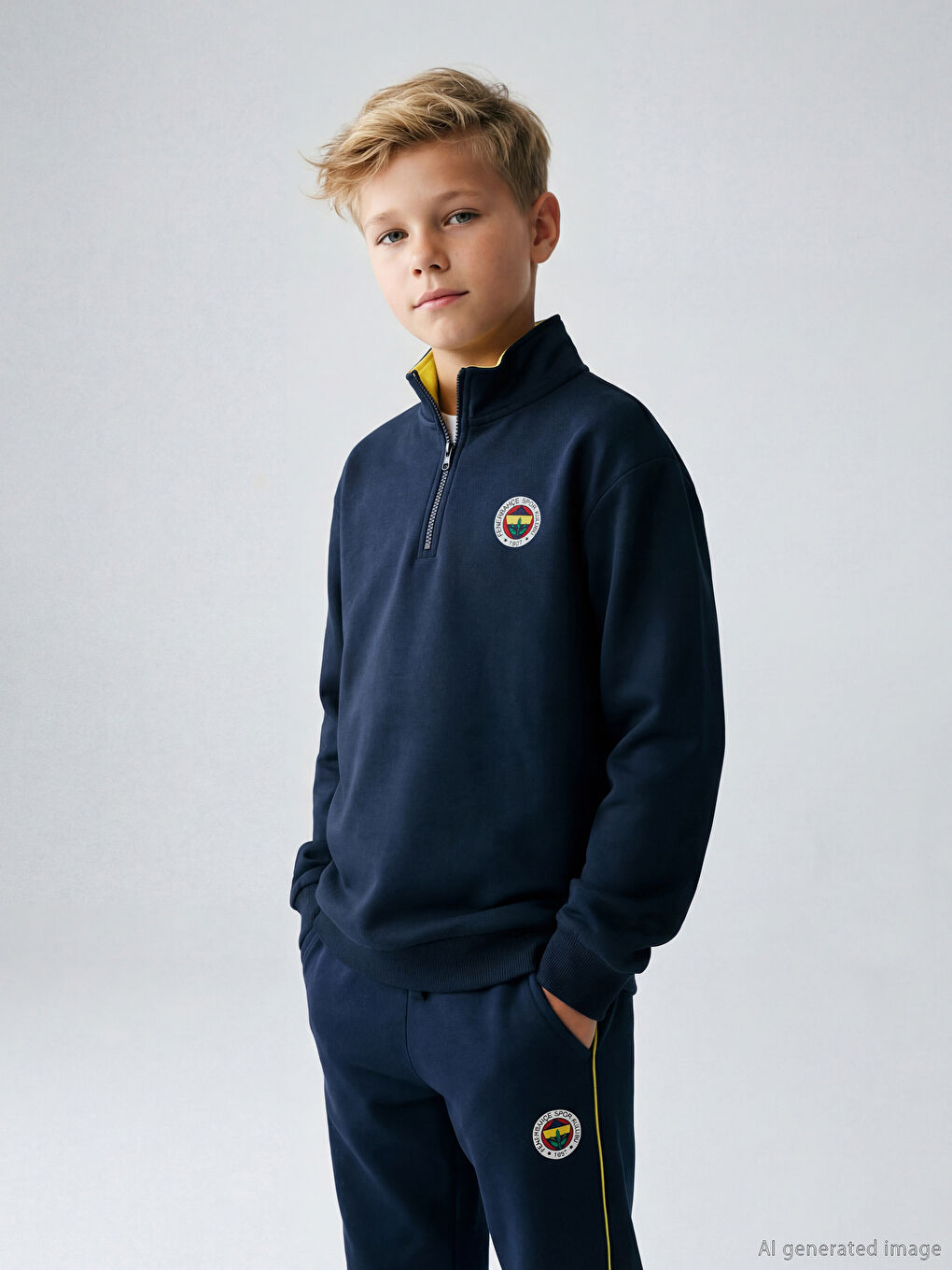 Lacivert Dik Yaka Fenerbahçe Baskılı Erkek Çocuk Sweatshirt