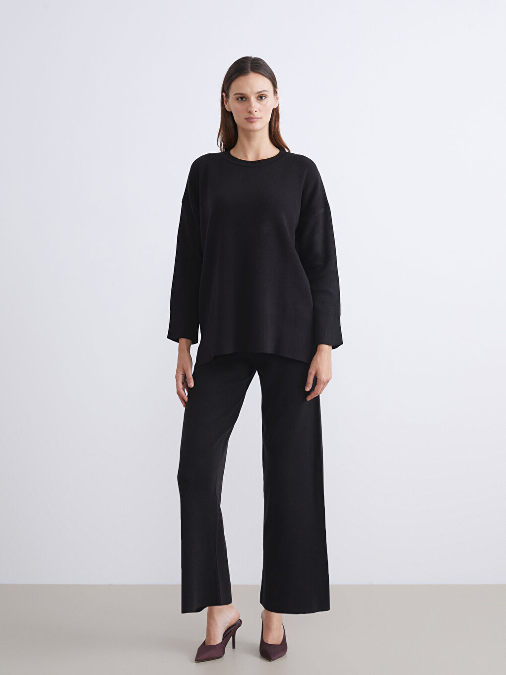 Pantalon en Tricot Uni à Jambe Large et Taille Élastiquée pour Femmes-1