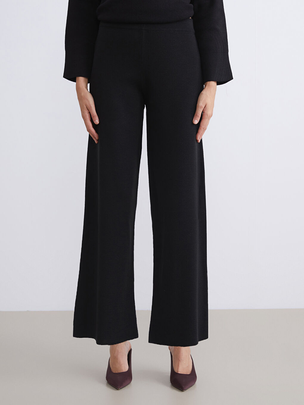 Pantalon en Tricot Uni à Jambe Large et Taille Élastiquée pour Femmes-3