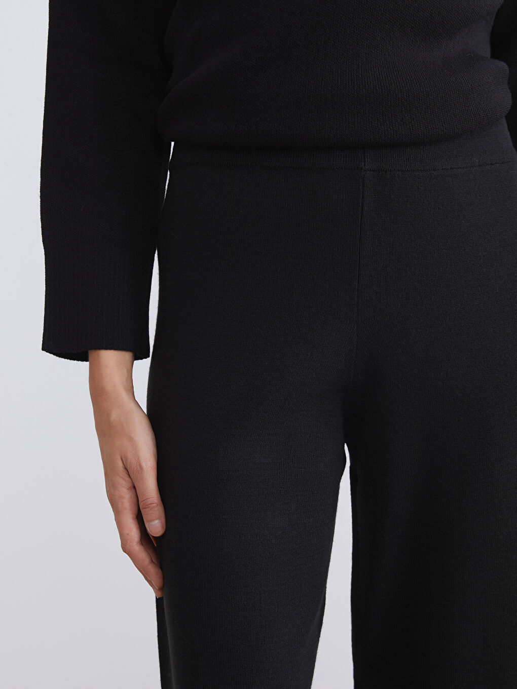 Pantalon en Tricot Uni à Jambe Large et Taille Élastiquée pour Femmes-6