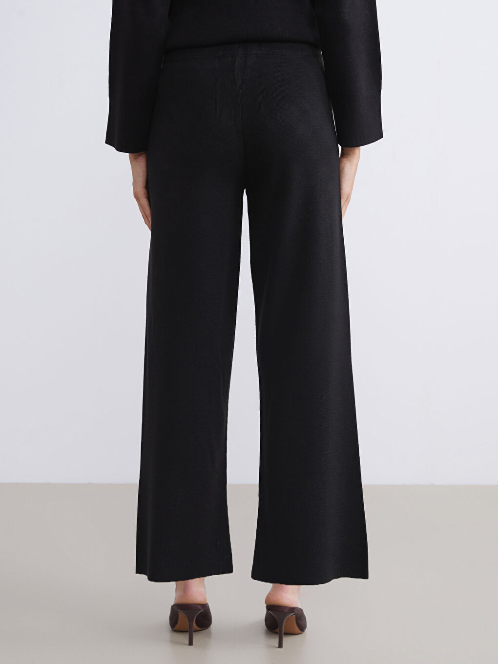 Pantalon en Tricot Uni à Jambe Large et Taille Élastiquée pour Femmes-9