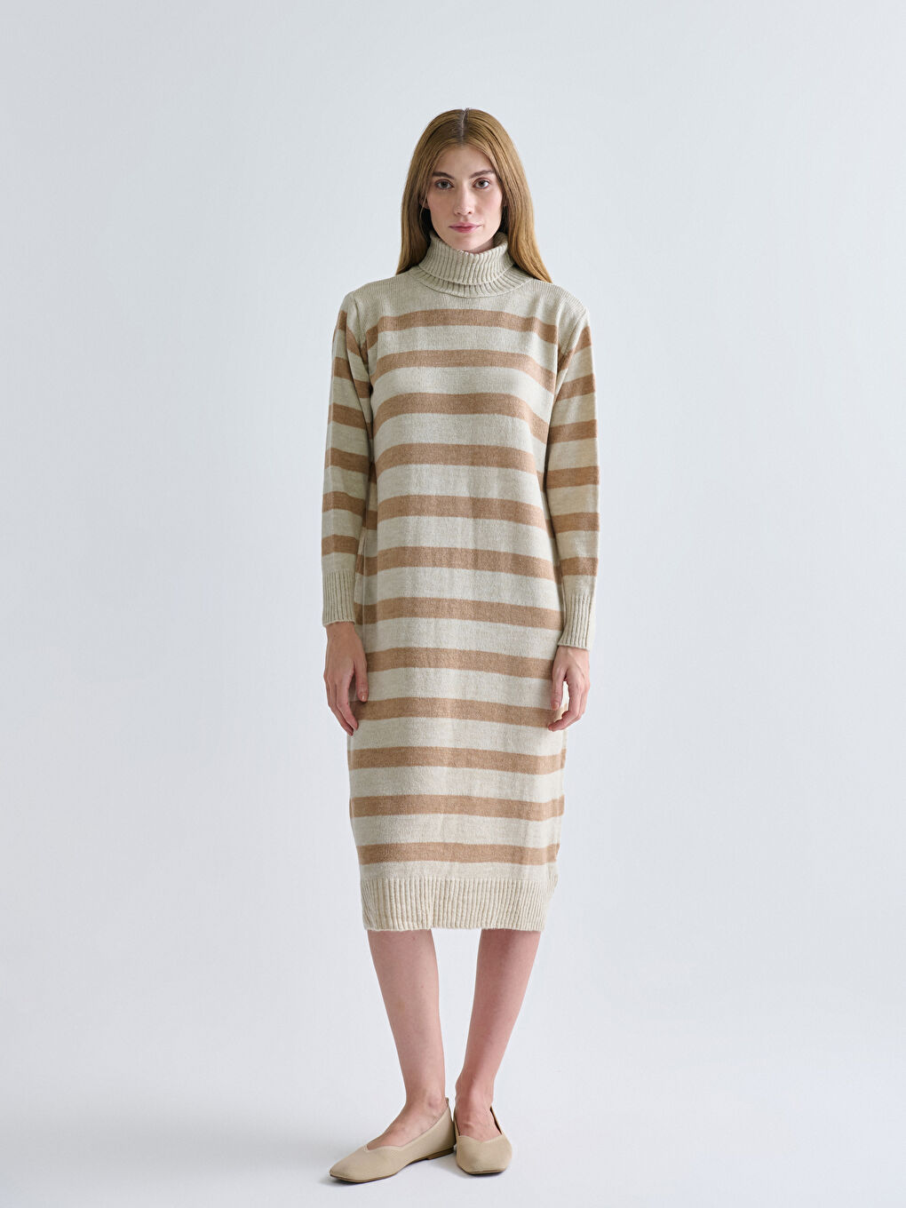 Turtleneck Striped Long Sleeve Oversize Women's Knitwear Dress-1