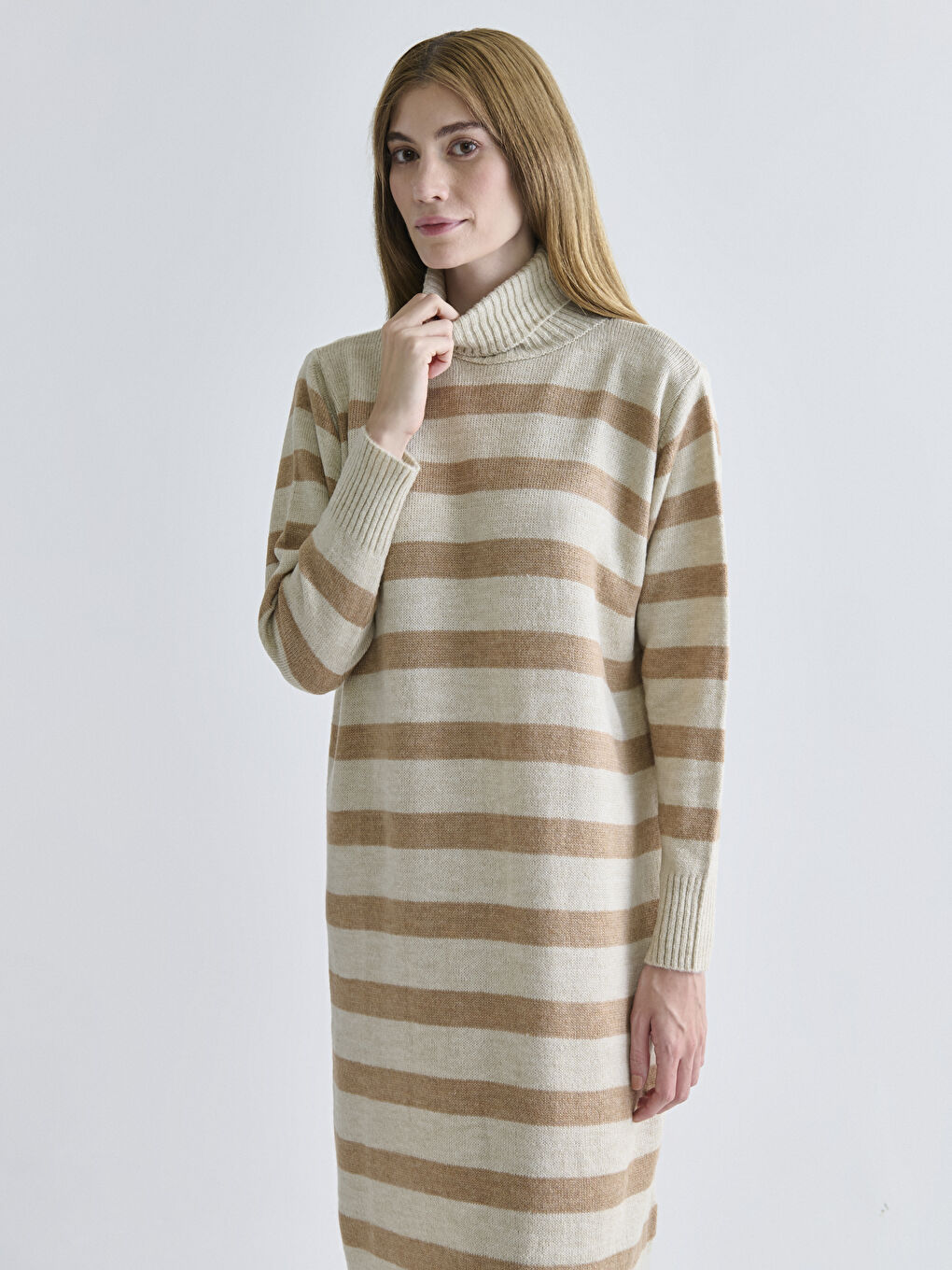 Turtleneck Striped Long Sleeve Oversize Women's Knitwear Dress-2