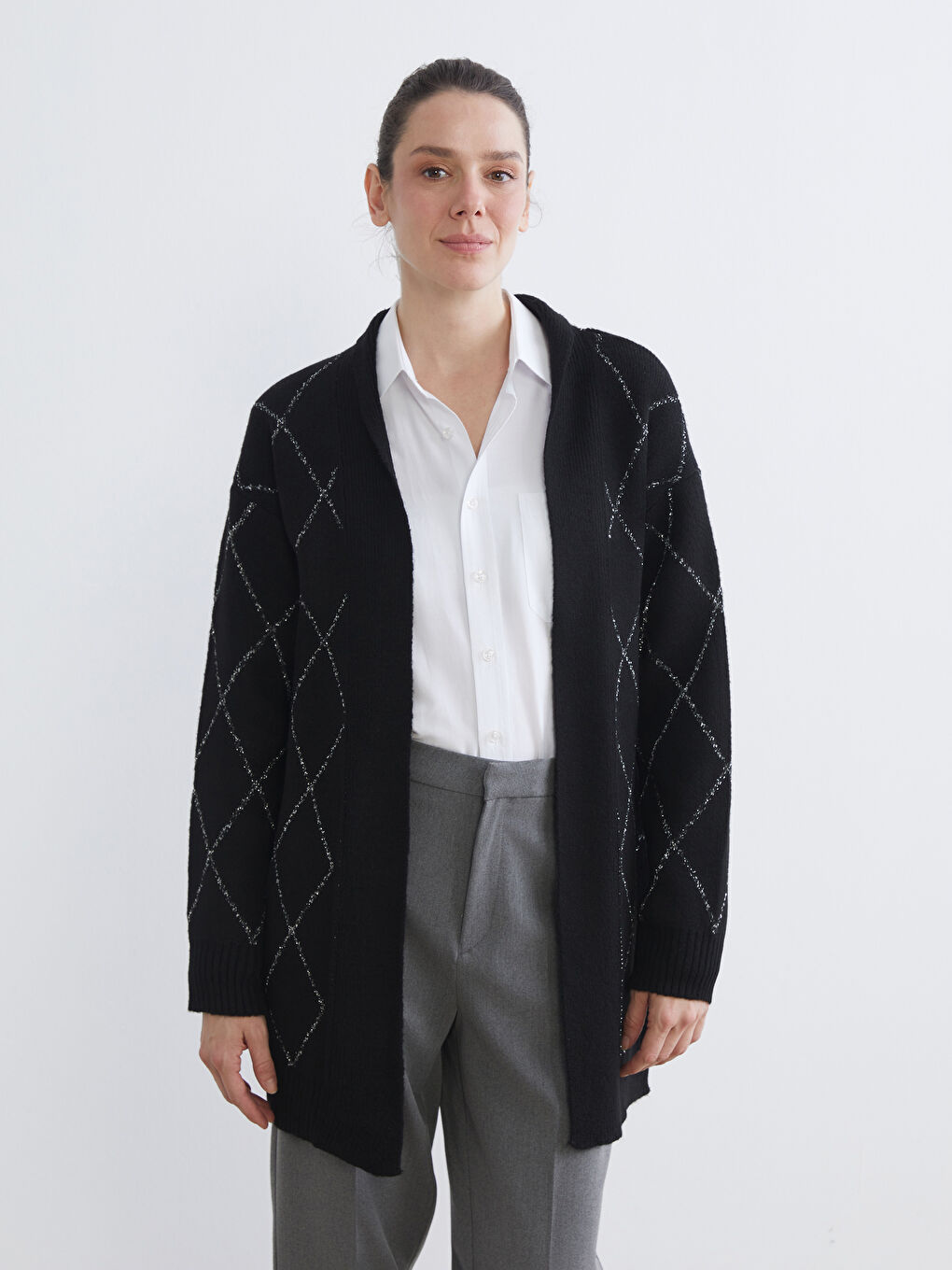 كارديجان تريكو بنمط أرجيل بياقة شال للسيدات-1