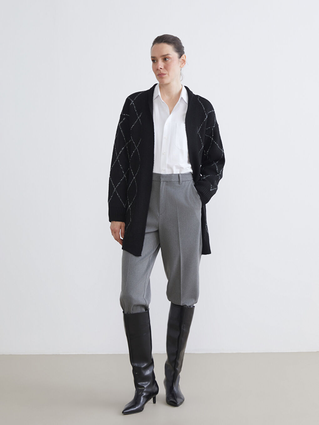 كارديجان تريكو بنمط أرجيل بياقة شال للسيدات-2