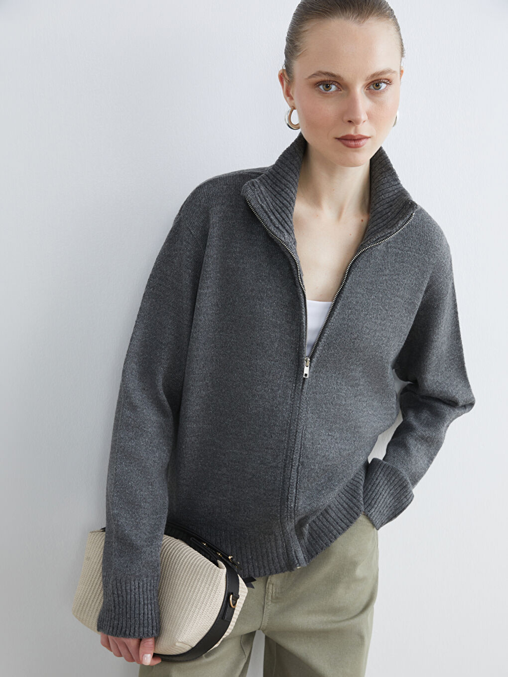 Funnel Neck Women's Knitwear Cardigan