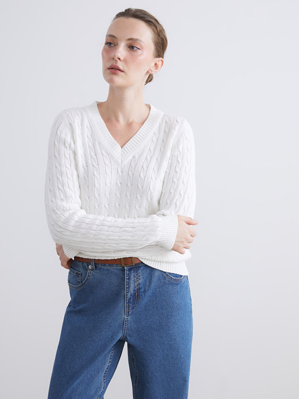 V Neck Self-Patterned Women's Knitwear Sweater