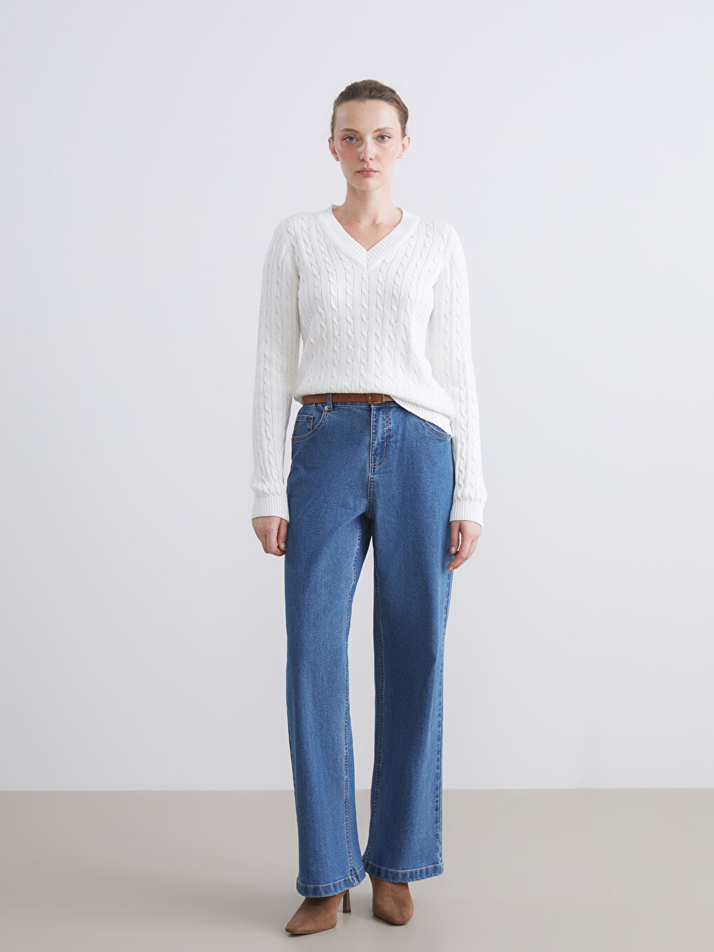 V Neck Self-Patterned Women's Knitwear Sweater-1