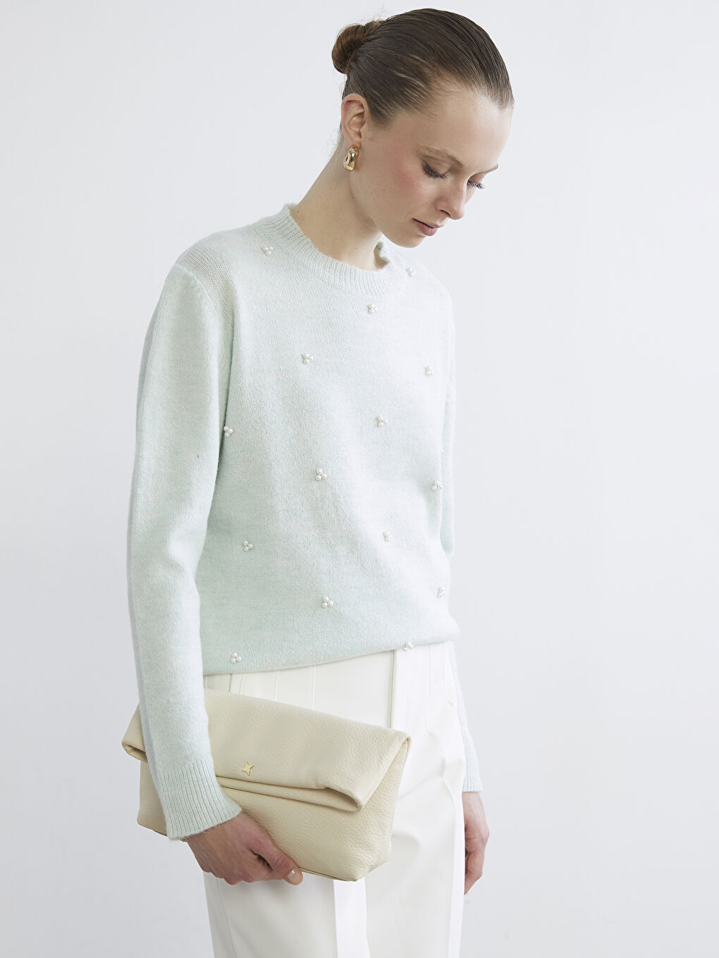 Crew Neck Beaded Embellished Women's Knitwear Sweater