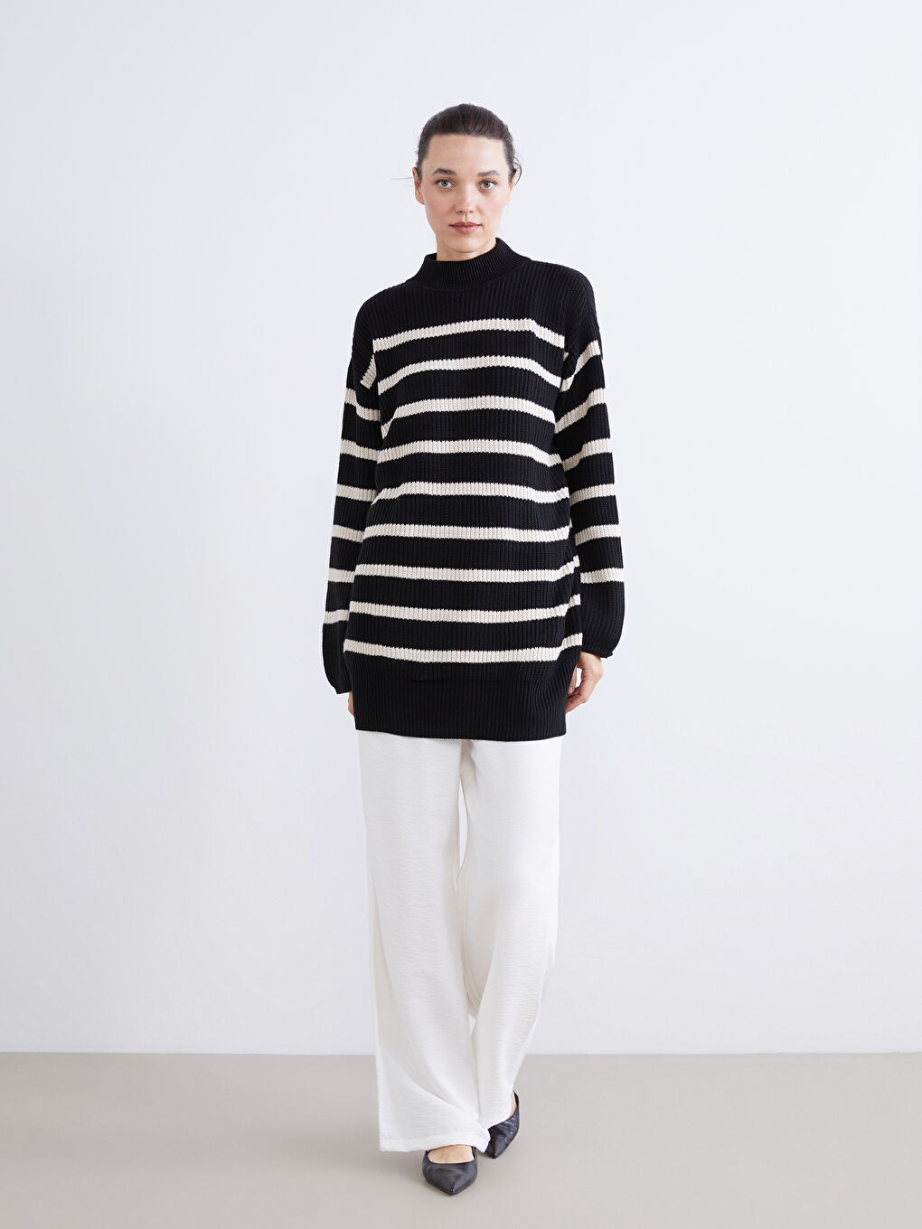 Tunique en Tricot Rayée à Col Cheminée Oversize pour Femmes-4