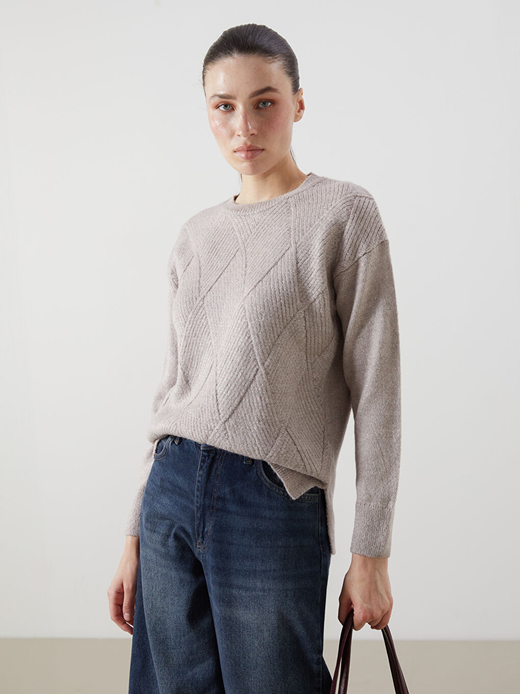 Crew Neck Self-Patterned Women's Knitwear Sweater