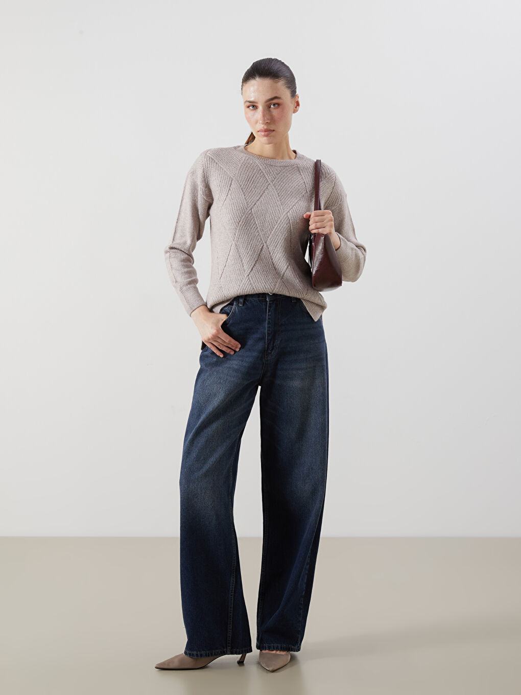 Crew Neck Self-Patterned Women's Knitwear Sweater-3