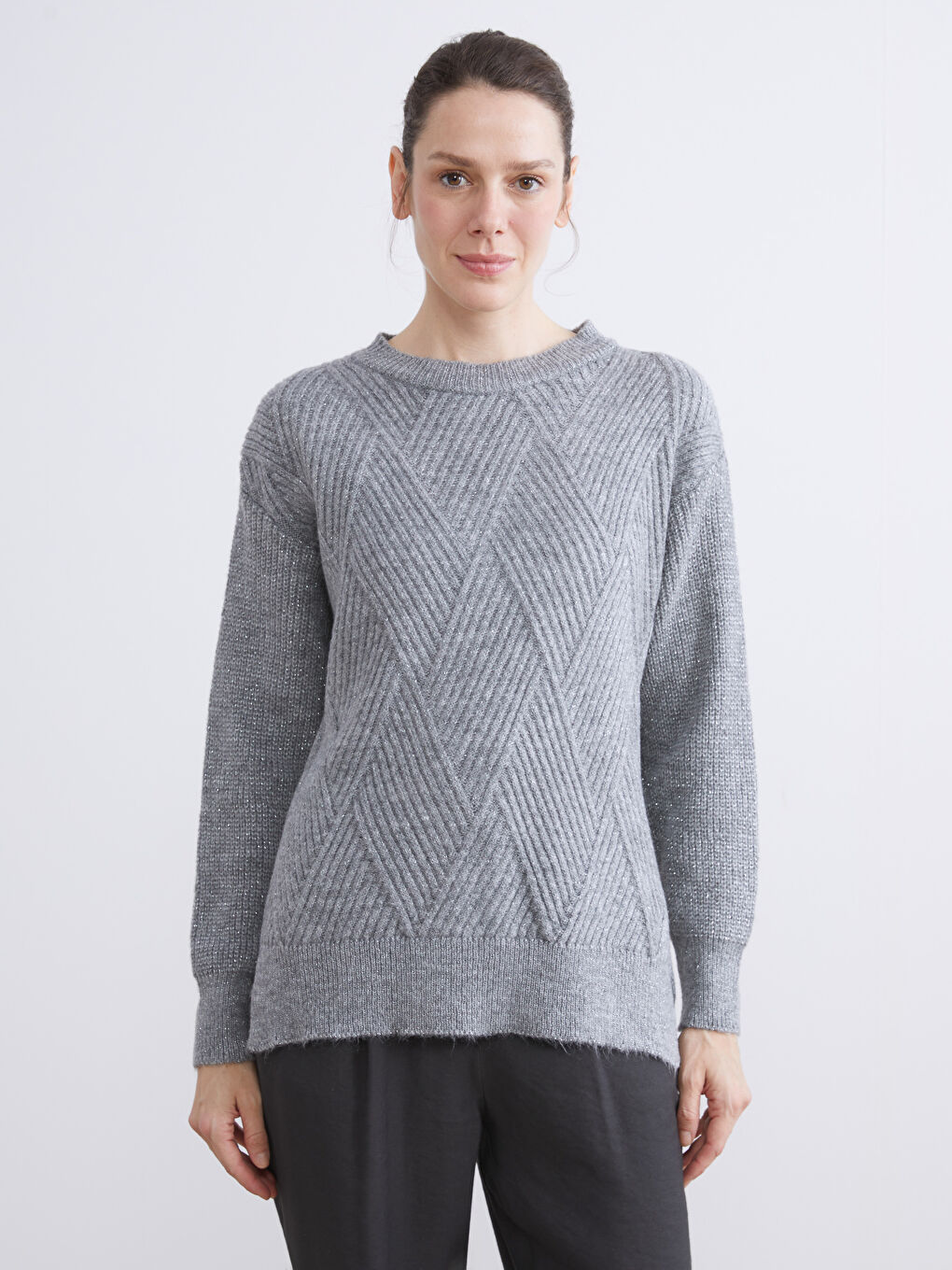 Crew Neck Self-Patterned Women's Knitwear Sweater-1