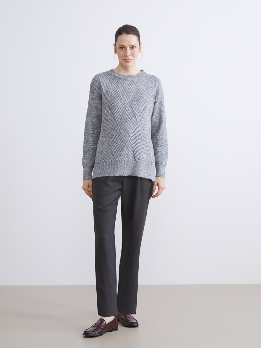 Crew Neck Self-Patterned Women's Knitwear Sweater-2