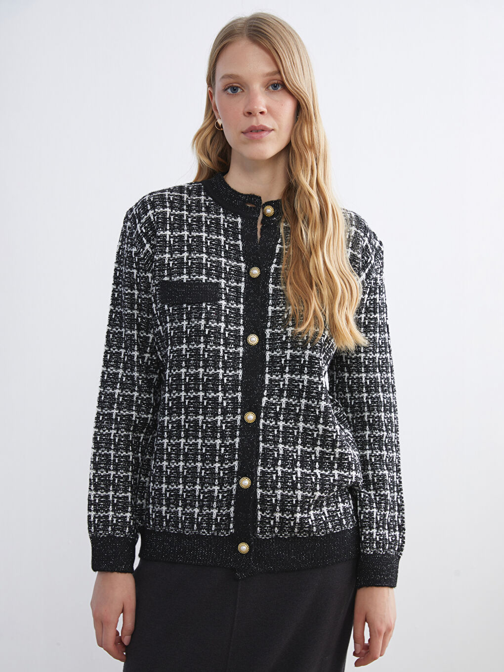 Crew Neck Plaid Women's Knitwear Cardigan