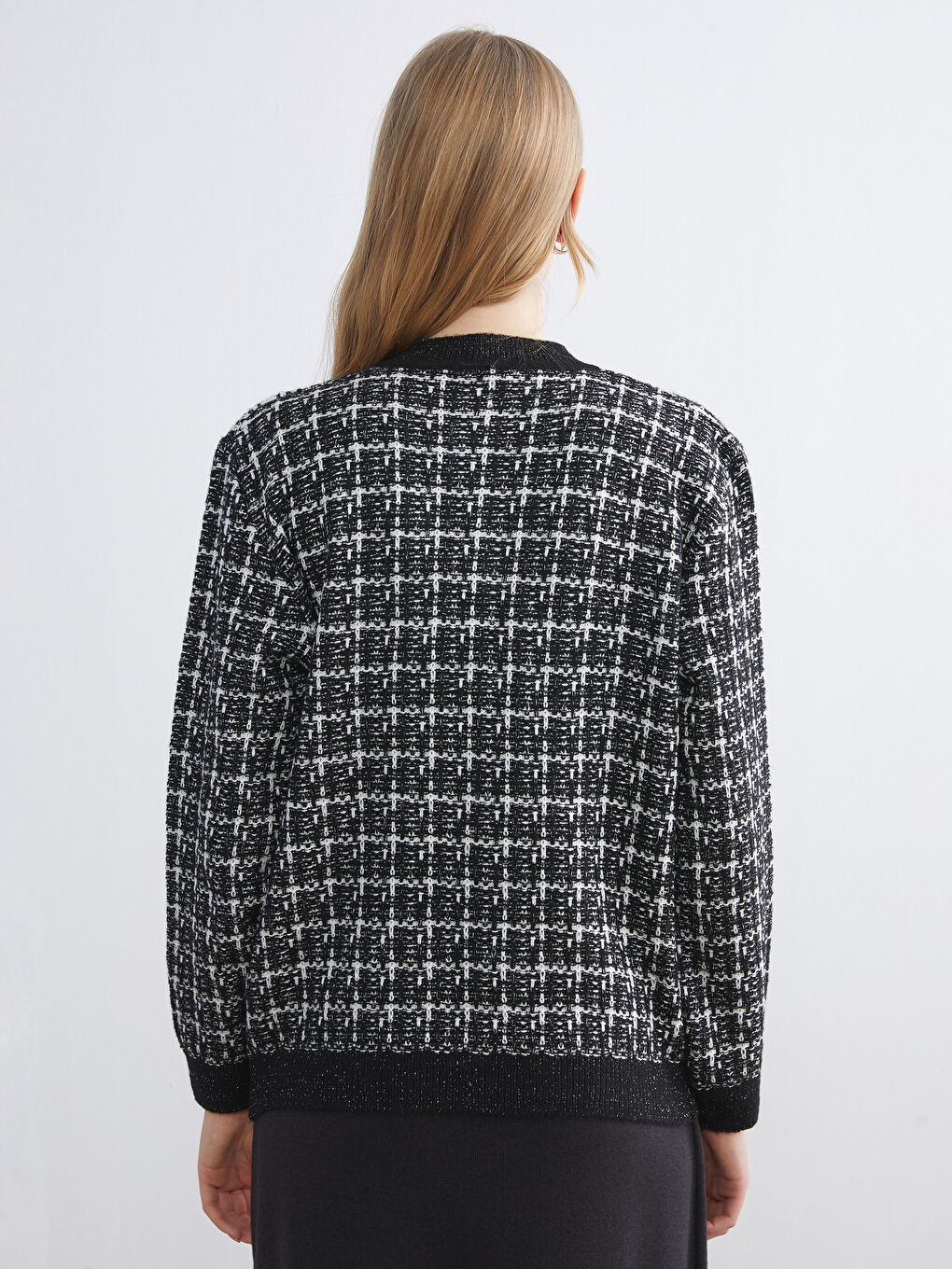 Crew Neck Plaid Women's Knitwear Cardigan-3