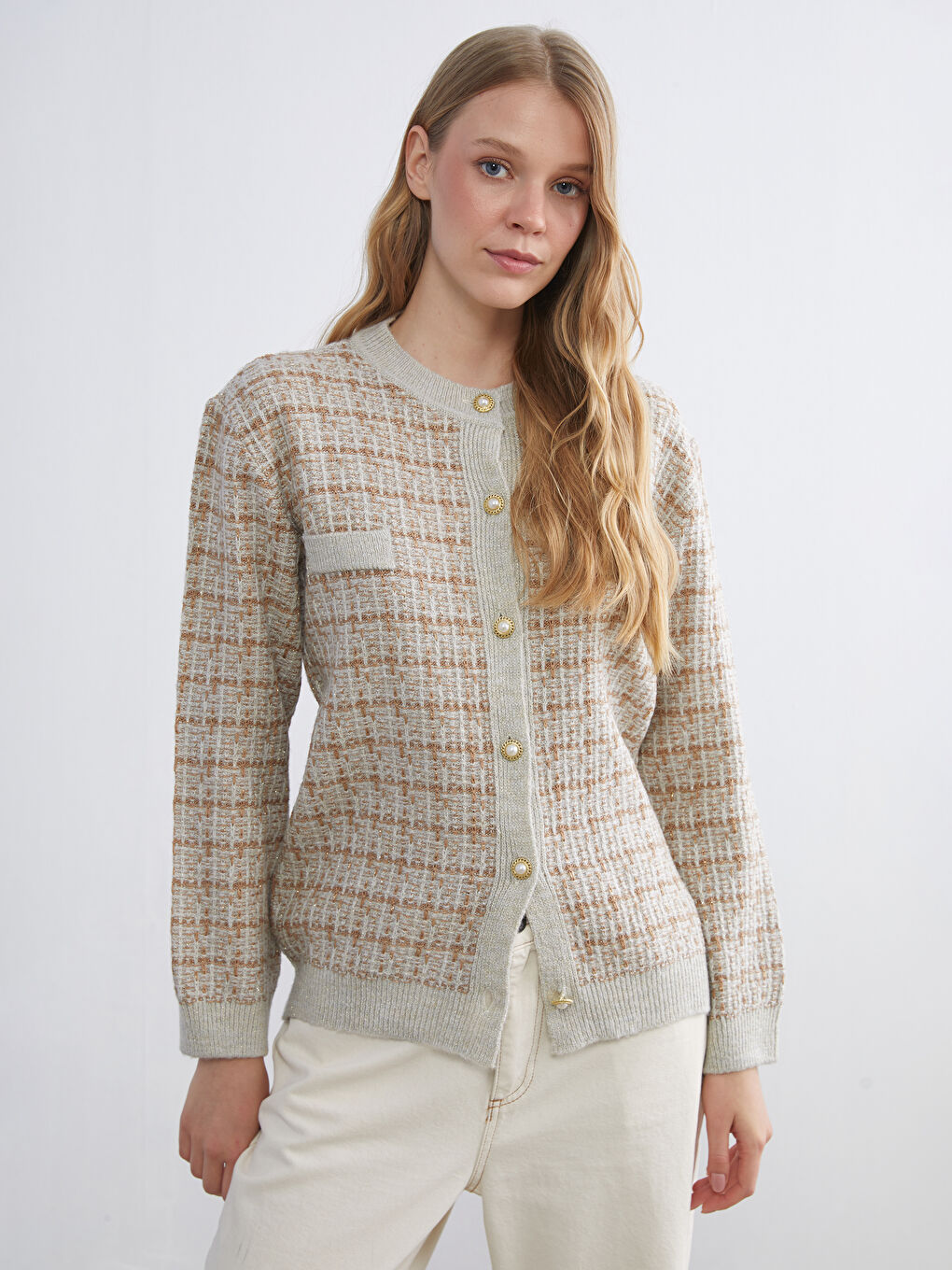 Crew Neck Plaid Women's Knitwear Cardigan