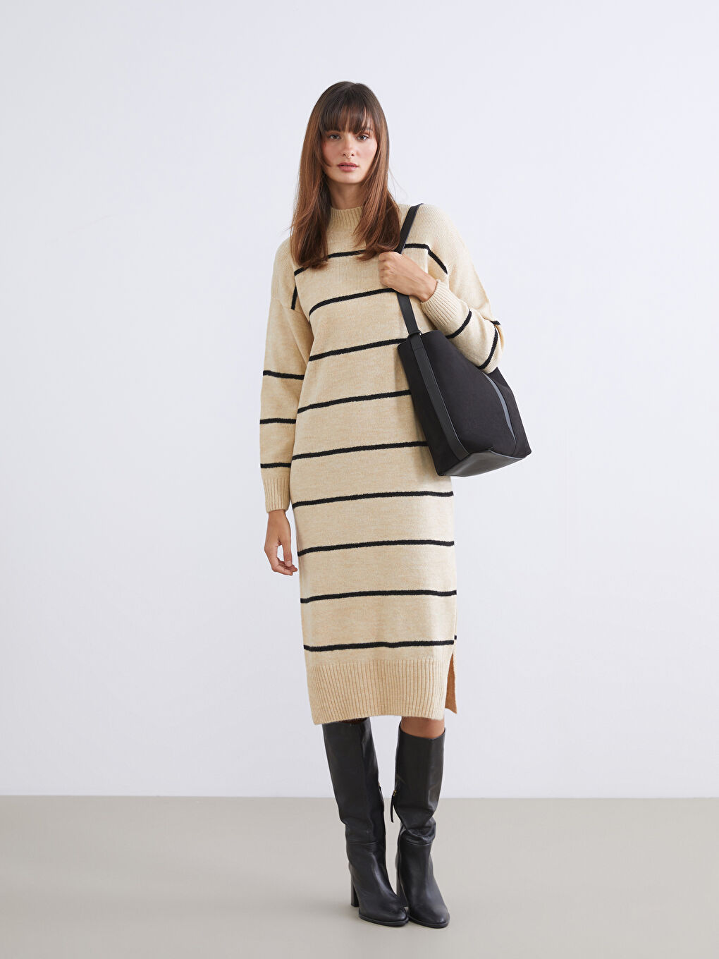 Half Turtleneck Striped Knitwear Dress-1