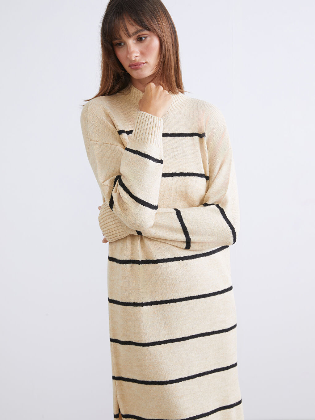Half Turtleneck Striped Knitwear Dress-2