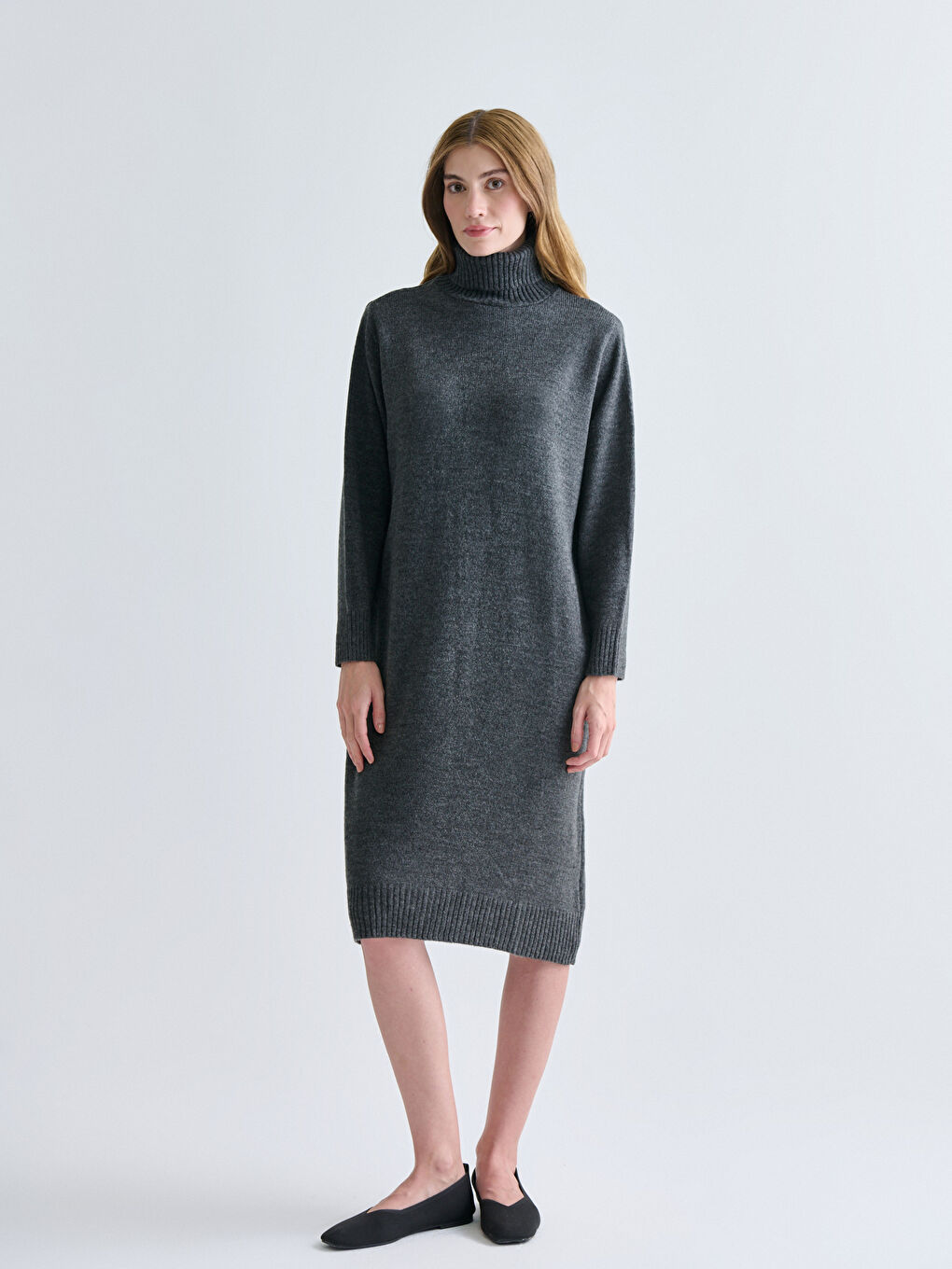 Robe en Tricot Oversize à Manches Longues et Col Roulé Uni pour Femme-1