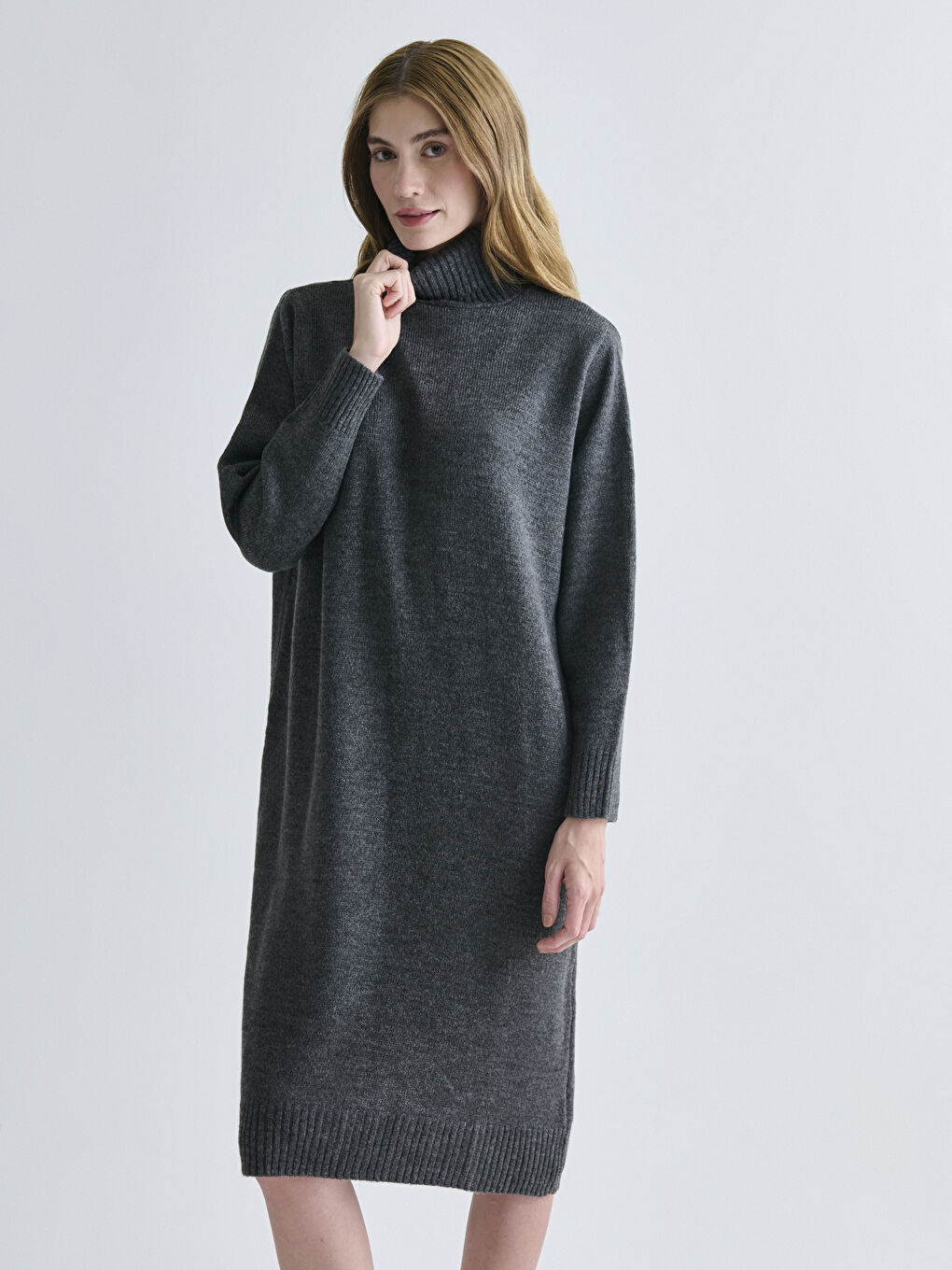 Robe en Tricot Oversize à Manches Longues et Col Roulé Uni pour Femme-2
