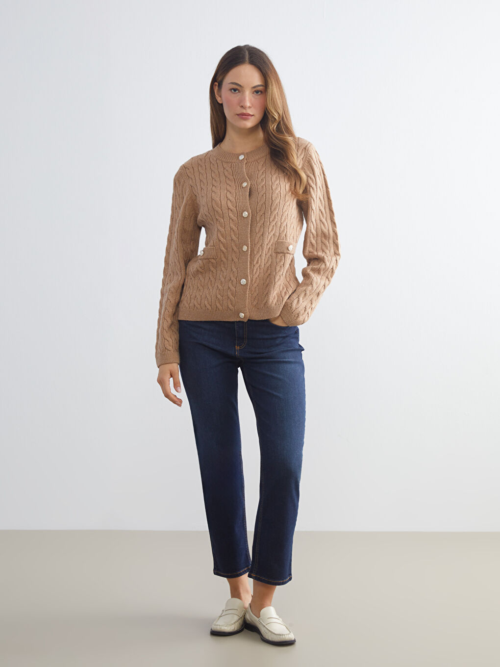 Crew Neck Self Patterned Long Sleeve Women's Tricot Cardigan-2