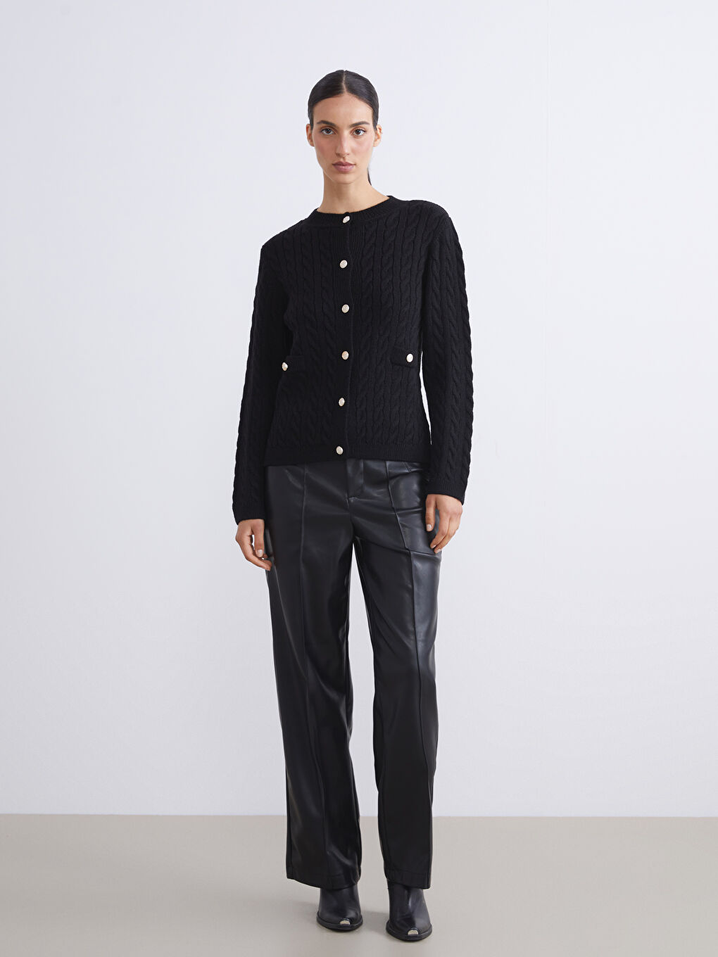 Crew Neck Self Patterned Long Sleeve Women's Tricot Cardigan-1