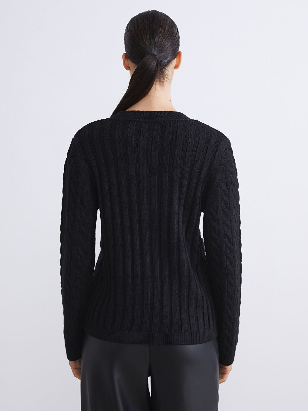 Crew Neck Self Patterned Long Sleeve Women's Tricot Cardigan-3