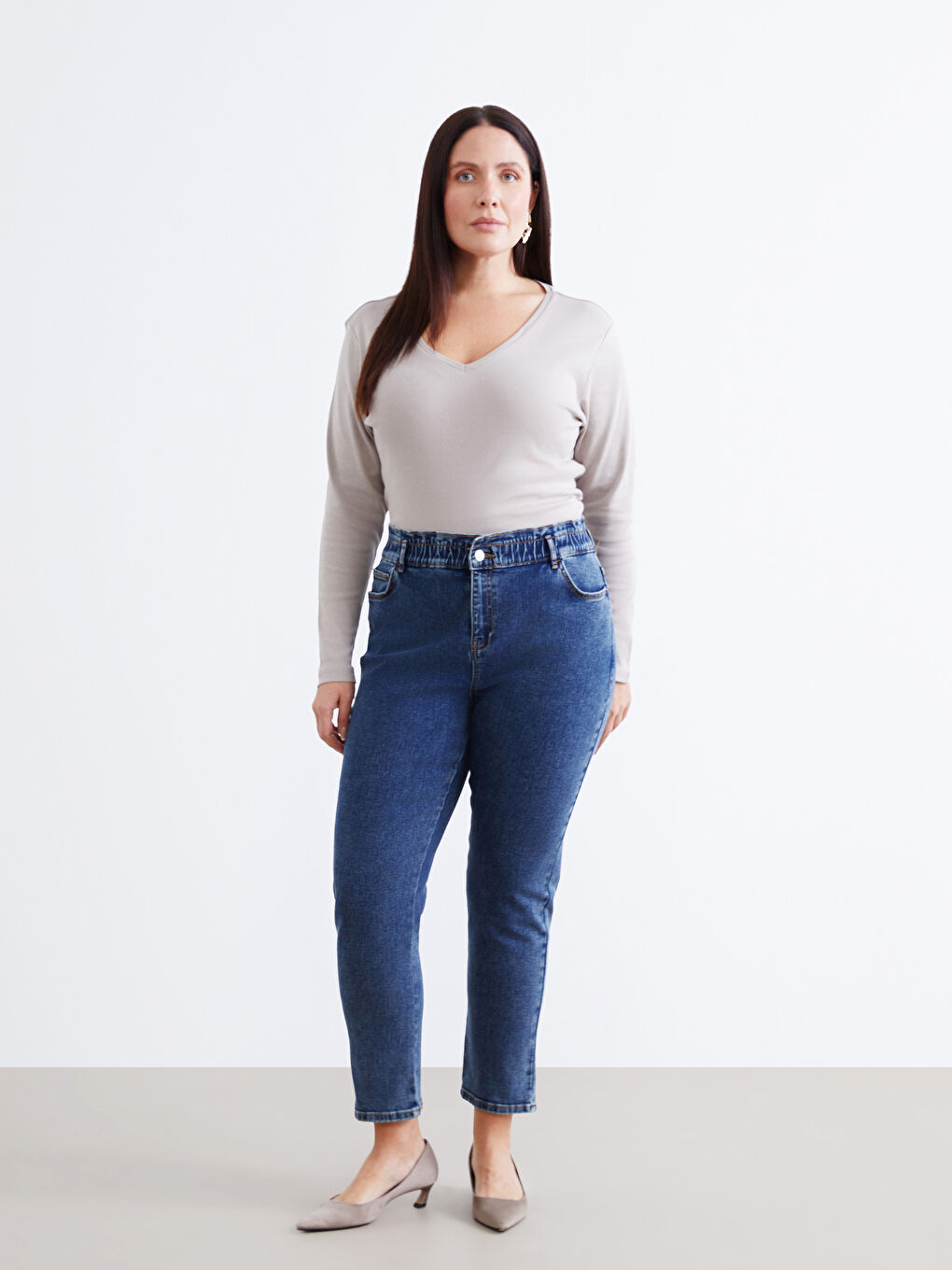 İndigo Beli Lastikli Slim Mom Kadın Jean Pantolon-1