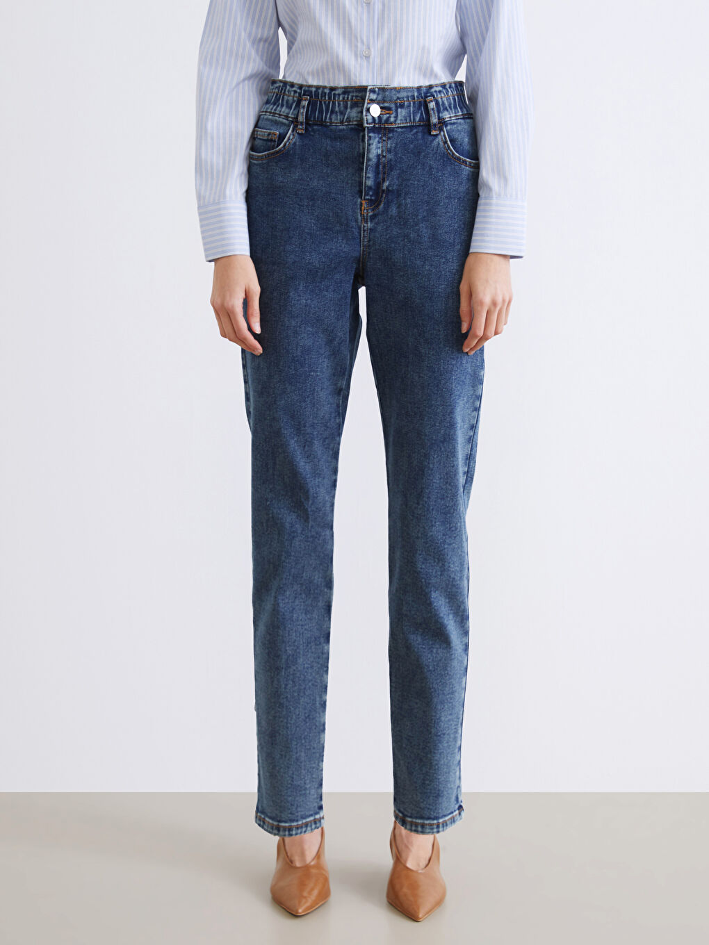 İndigo Beli Lastikli Slim Mom Kadın Jean Pantolon-2