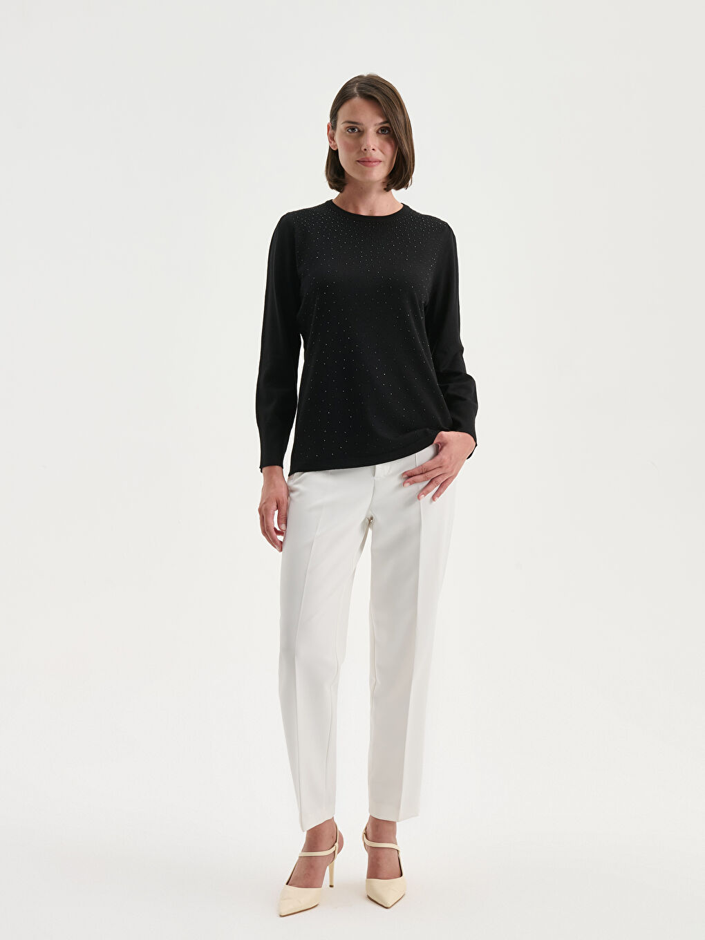 Crew Neck Rhinestone Embellished Women's Knit Sweater-1