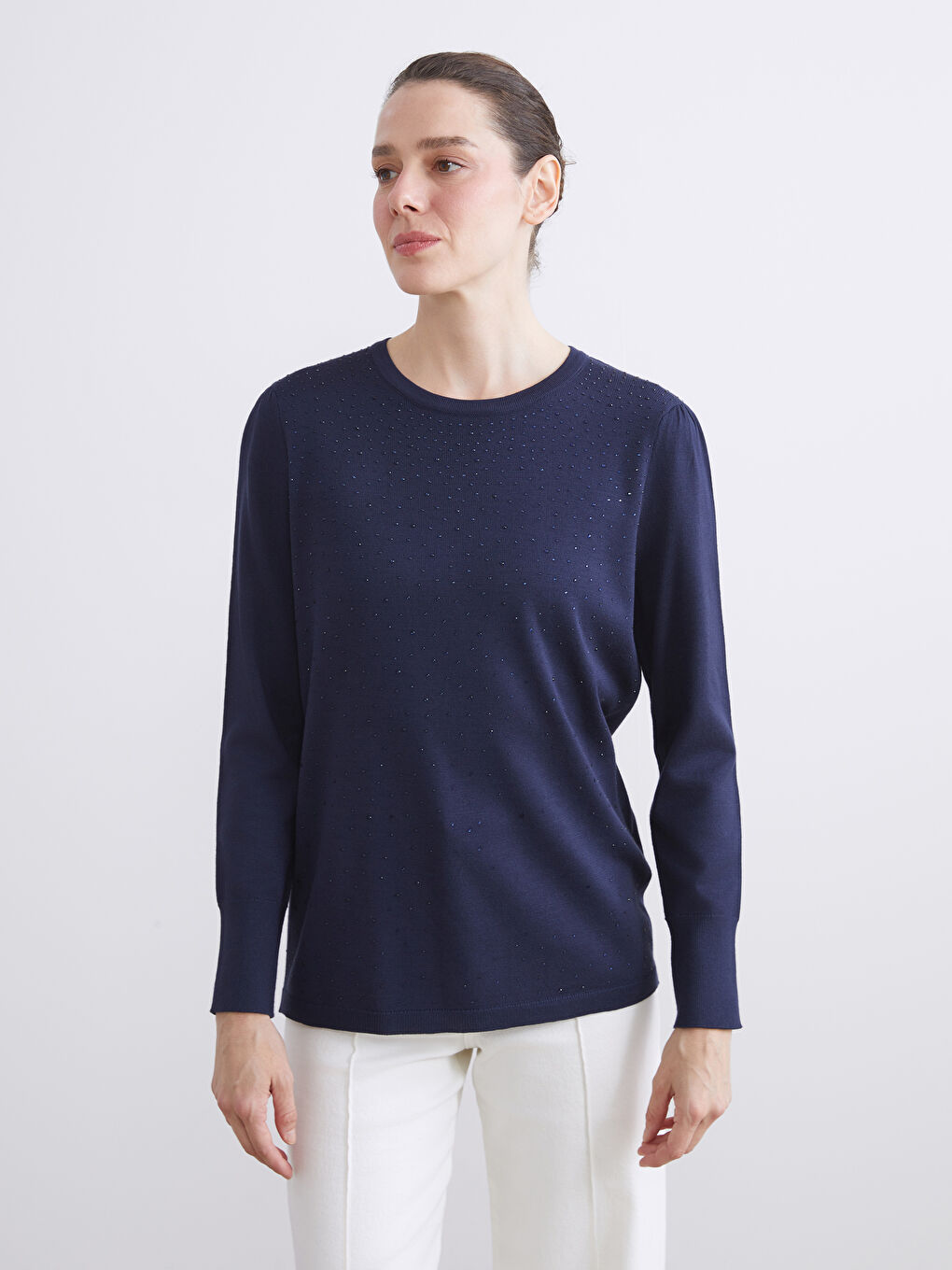 Crew Neck Rhinestone Embellished Women's Knit Sweater