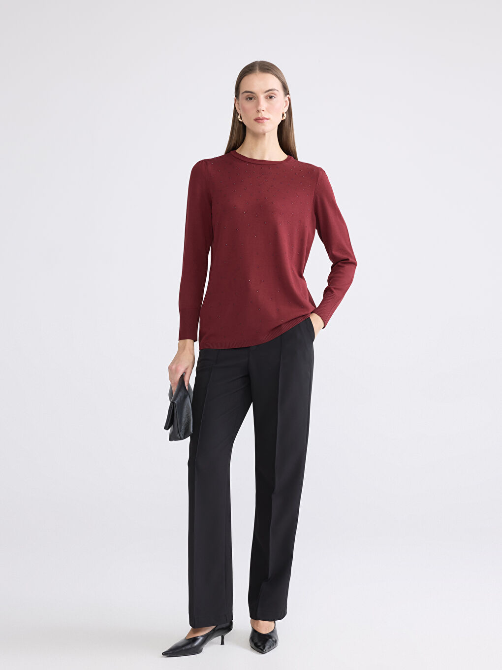 Bordo Bisiklet Yaka Taşlı Kadın Triko Kazak-1