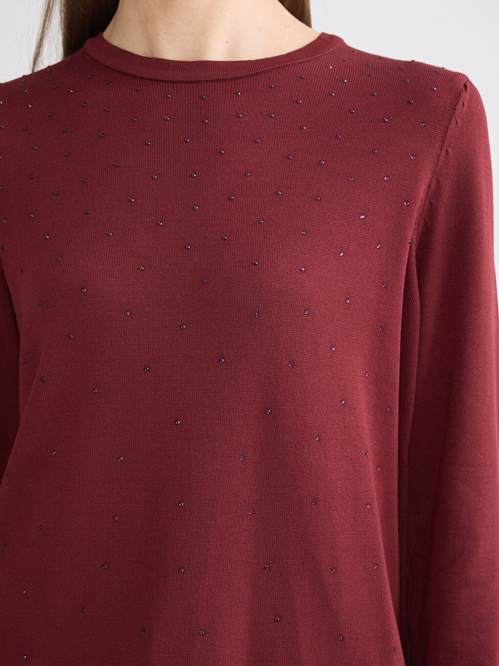 Bordo Bisiklet Yaka Taşlı Kadın Triko Kazak-2