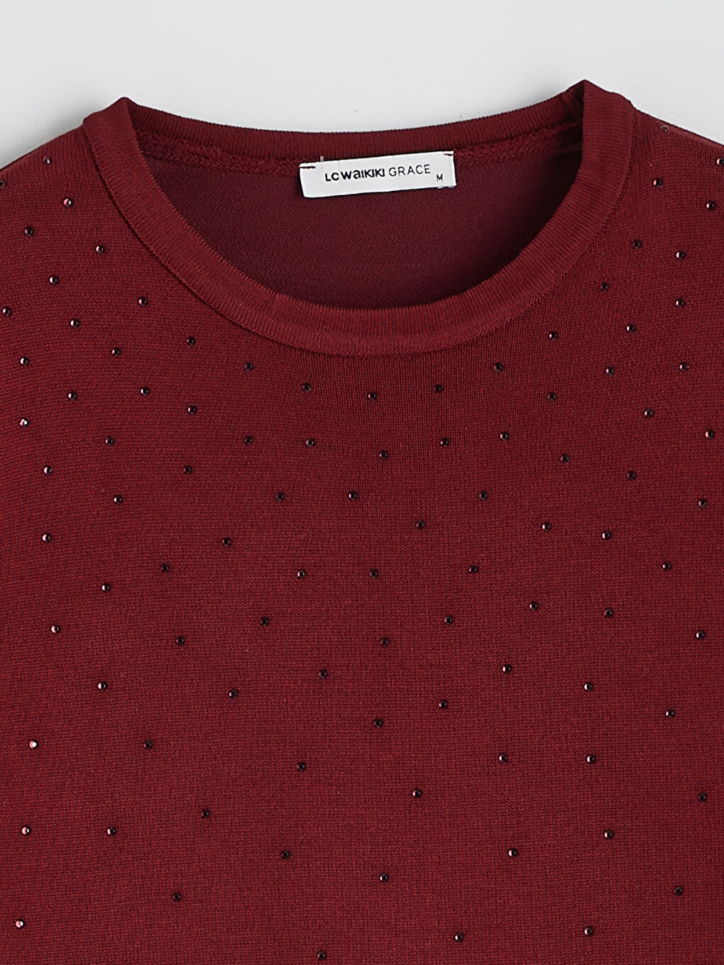 Bordo Bisiklet Yaka Taşlı Kadın Triko Kazak-5