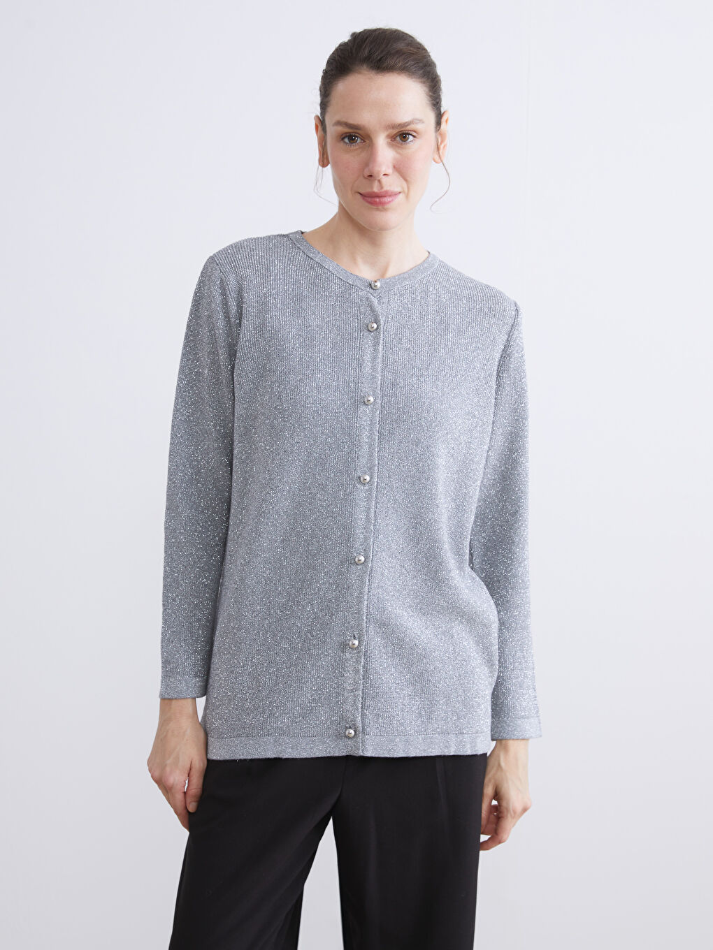 Gri Bisiklet Yaka Kadın Triko Hırka-3