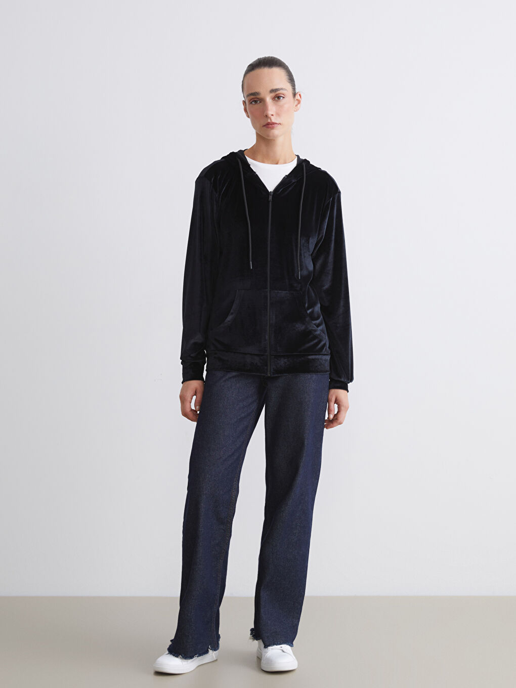 Sweat Zippé à Capuche en Velours pour Femmes-1