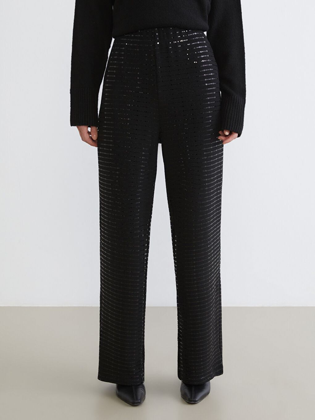 Elastic Waist Sequin Embroidered Women's Pants-1