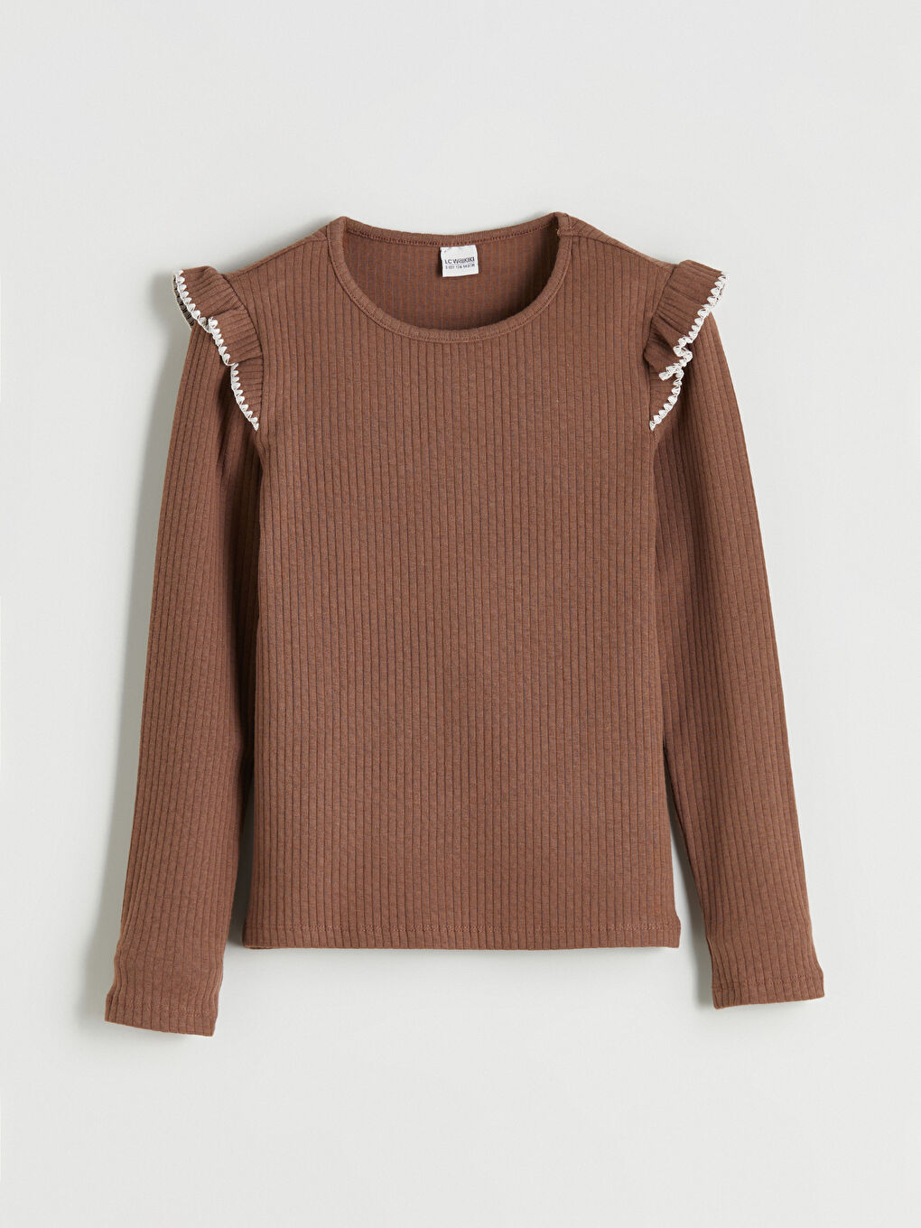 Kahverengi Bisiklet Yaka Fırfır Detaylı Kız Çocuk Tişört