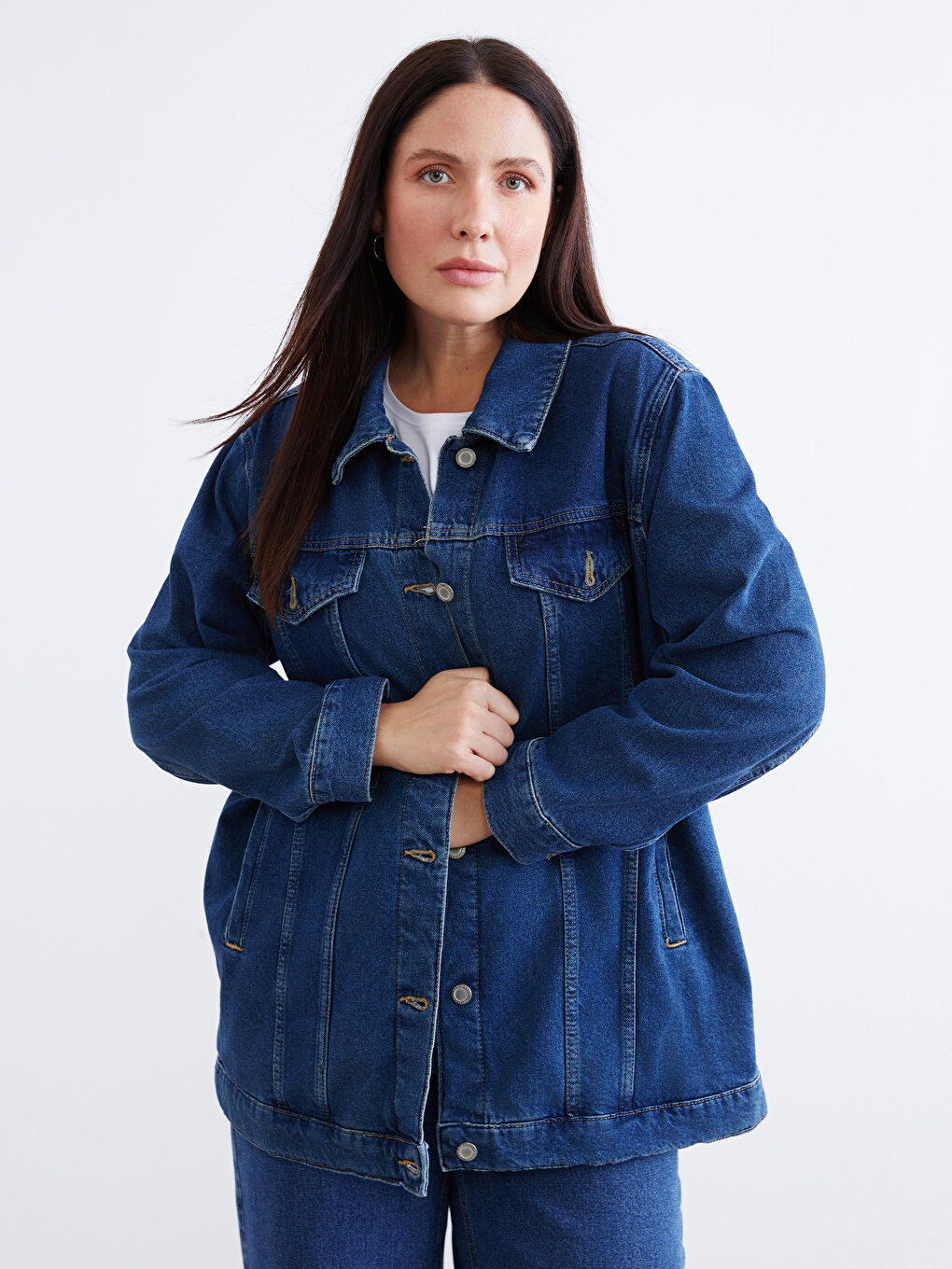 Mavi Gömlek Yaka Oversize Kadın Jean Ceket-1