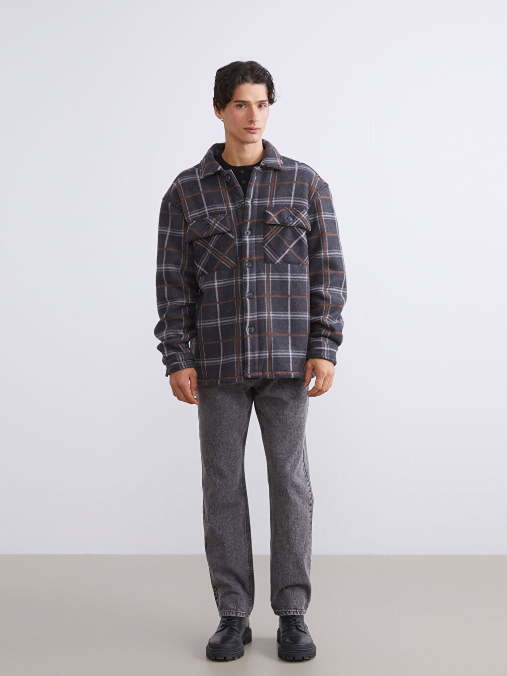 Antrasit Rahat Kalıp Uzun Kollu Ekose Erkek Gömlek Ceket-1