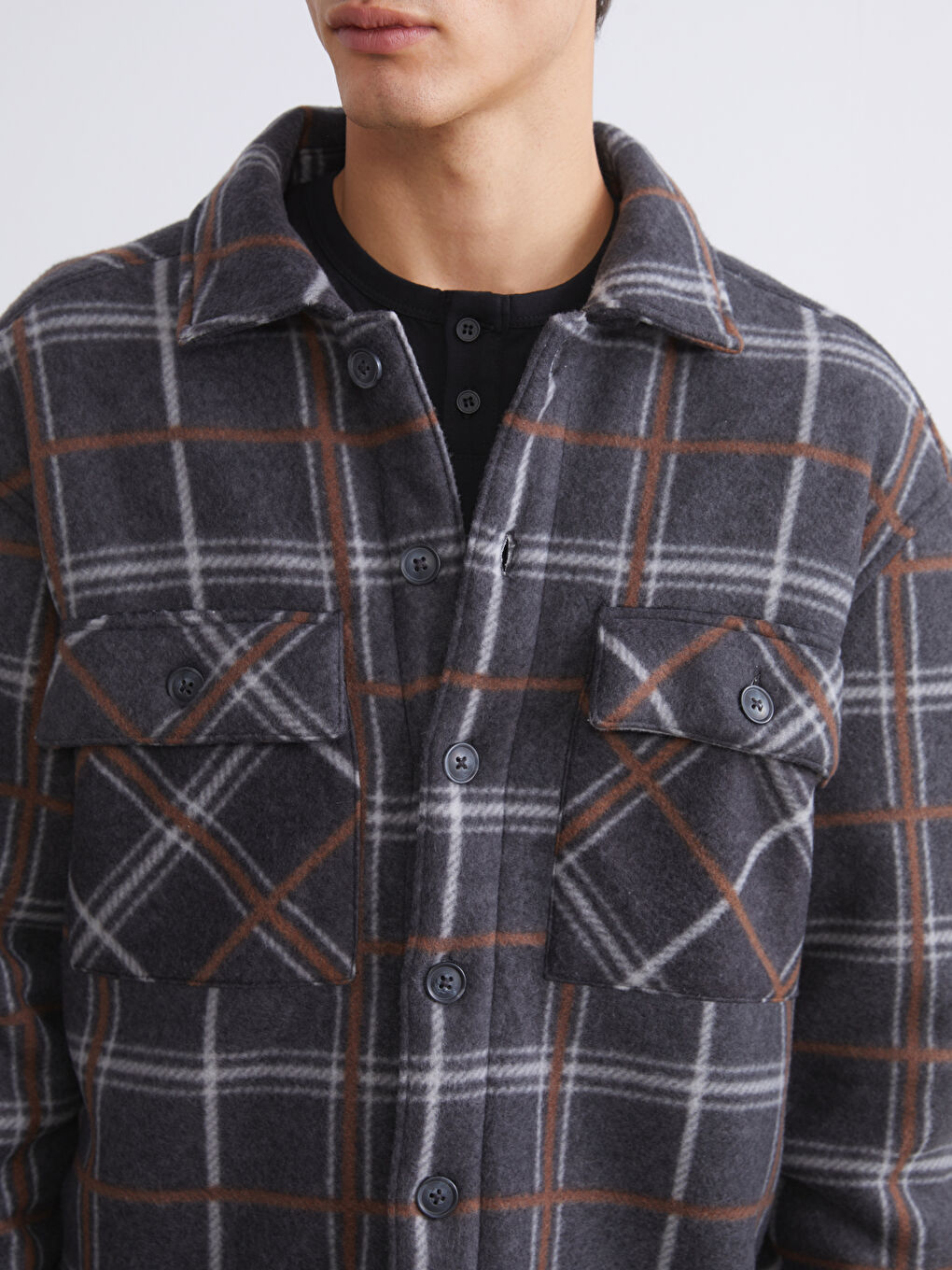 Antrasit Rahat Kalıp Uzun Kollu Ekose Erkek Gömlek Ceket-2