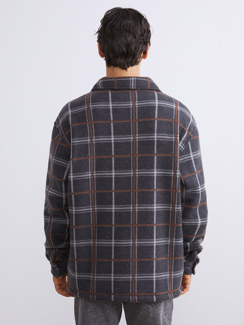 Antrasit Rahat Kalıp Uzun Kollu Ekose Erkek Gömlek Ceket-3