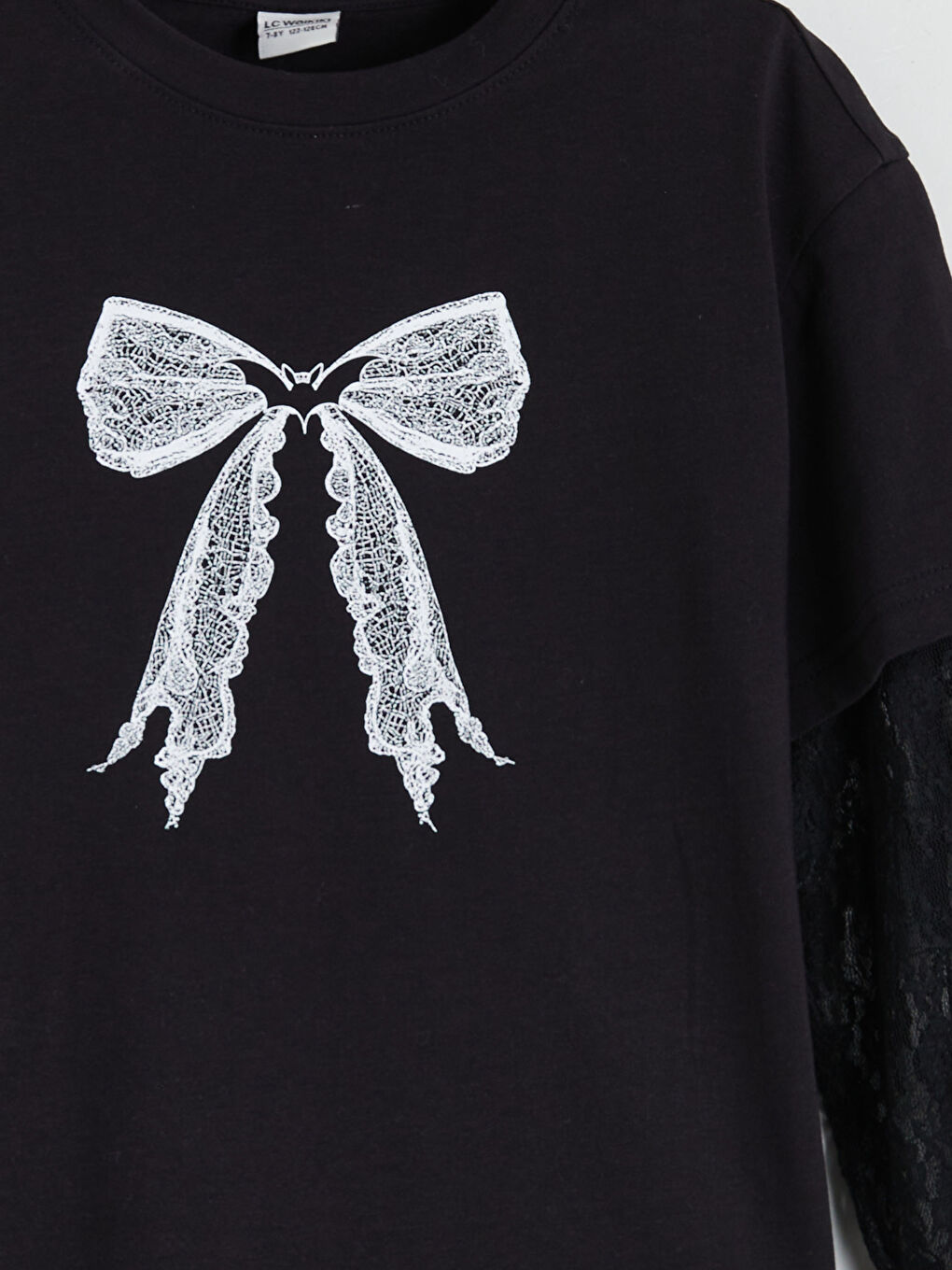 Crew Neck Bow Printed Girls' T-Shirt-2