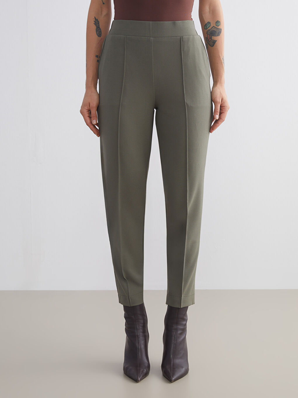 Pantalon Cigarette à Taille Élastiquée pour Femmes-2