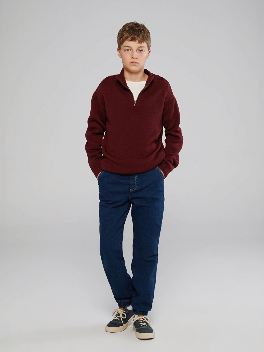 Bordo Dik Yaka Erkek Çocuk Triko Kazak-1