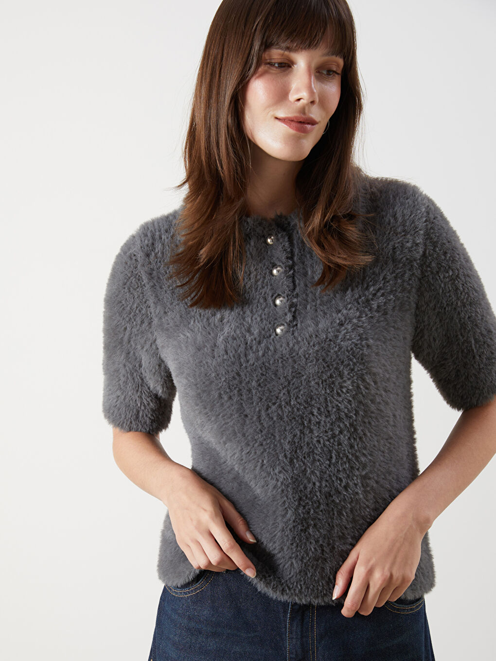 Antrasit Polo Yaka Kadın Triko Kazak