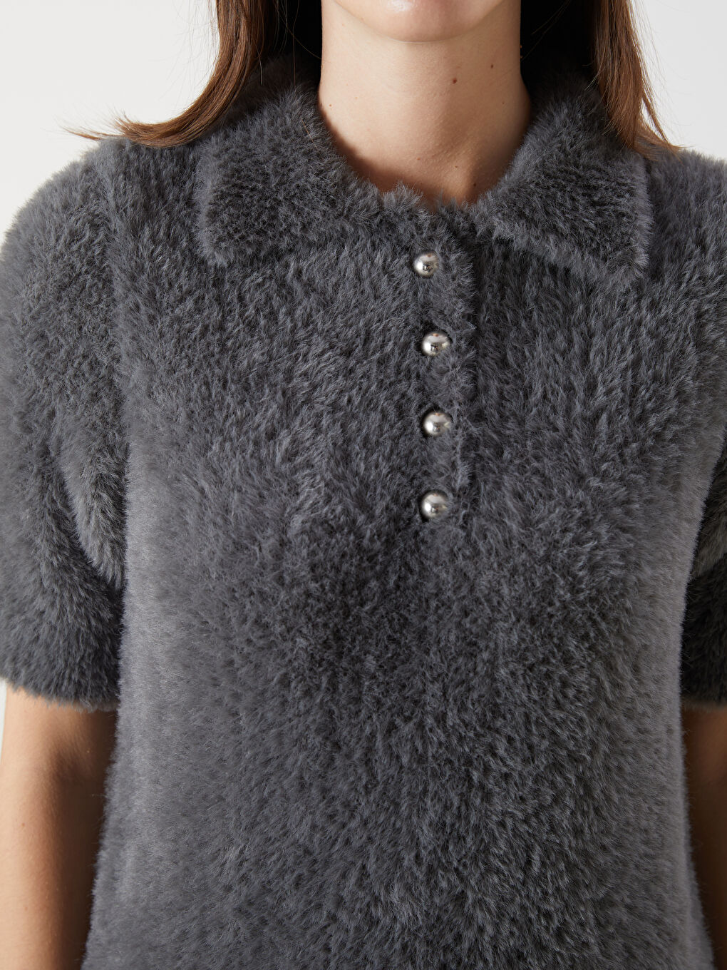 Antrasit Polo Yaka Kadın Triko Kazak-2